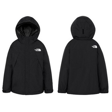 Black The North Face hooded rain jacket, shown from the front and back with a small logo on the chest and back shoulder area.