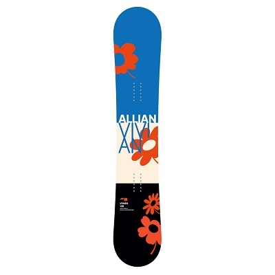 Snowboard featuring a blue upper section, cream midsection with white text and orange flowers, and a black tip.