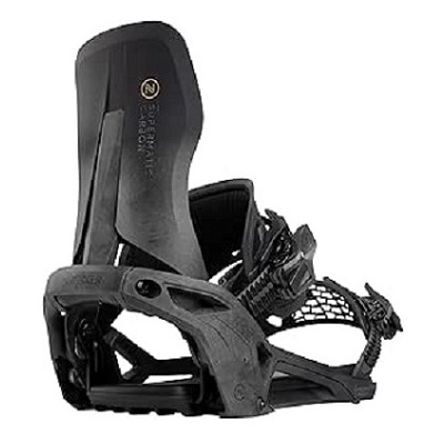 Black snowboard binding with highback and adjustable straps, viewed from the side.