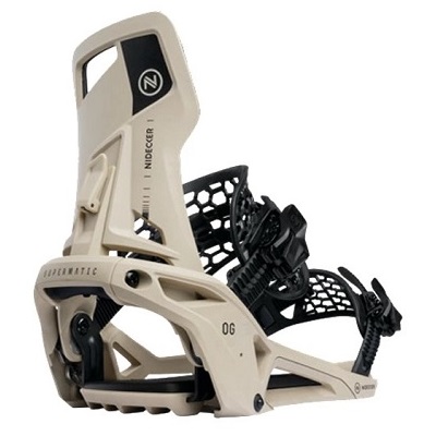 Beige snowboard binding with black straps, side view, showing boot-attachment hardware for a snowboard.