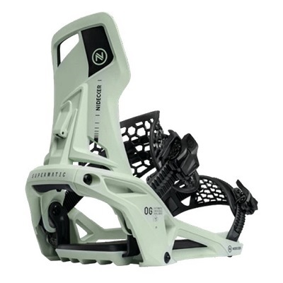 Pale green snowboard binding with black straps and highback, labeled Automatic and Nidecker, shown from a side angle.