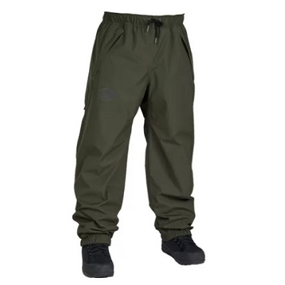 Olive green jogger-style pants with an elastic waistband and gathered cuffs, paired with dark shoes.