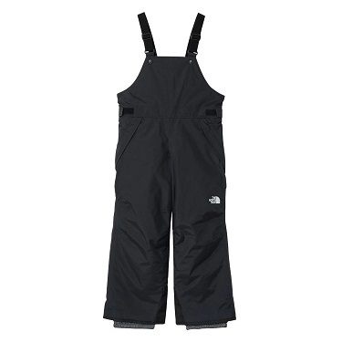 Black bib-style snow pants with adjustable shoulder straps, side pockets, and The North Face logo on the leg.