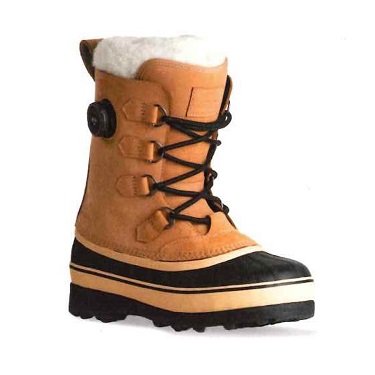 Tan winter snow boot with black sole, lace-up front, and white faux fur lining.
