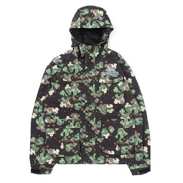 Camouflage hooded jacket with a zip front, green, black, and beige pattern and chest logo visible.