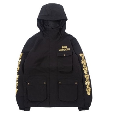 Black hooded jacket with gold embroidery on the sleeves and chest, featuring two large front pockets and a small chest pocket.
