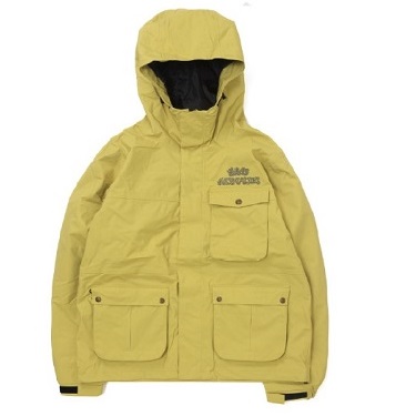 Yellow hooded jacket with four front pockets and a chest pocket, front zipper visible.