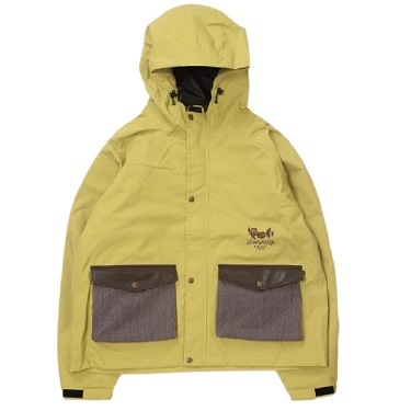 Yellow hooded jacket with two dark brown patch pockets and a small logo on the left chest, front view.