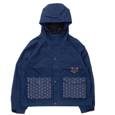 Navy blue hooded windbreaker with front snaps and two patterned patch pockets on the chest, plus a small left-chest logo.