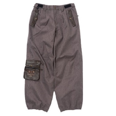 Gray cargo pants with multiple pockets, including a zippered thigh pocket and elastic cuffs at the ankles.