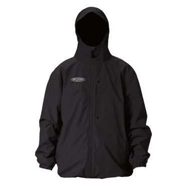 Black hooded windbreaker with front zipper and logo on the left chest.