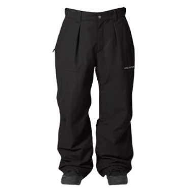 Black outdoor pants with zippered pockets and reinforced cuffs, designed for hiking or snow activities.