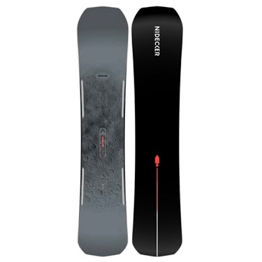 Pair of snowboards standing upright: left gray with bindings, right black with red accent and brand text