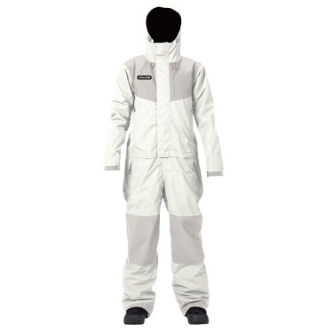 Person in a full-body white protective coverall with grey panels, hooded and zipped, standing with arms at sides.