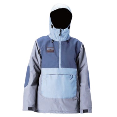 Color-block hooded rain jacket with a large front pocket and chest logo patch, shown from the front.