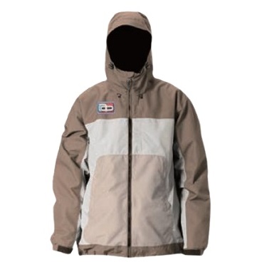 Hooded color-block windbreaker jacket in tan and gray with zip front.