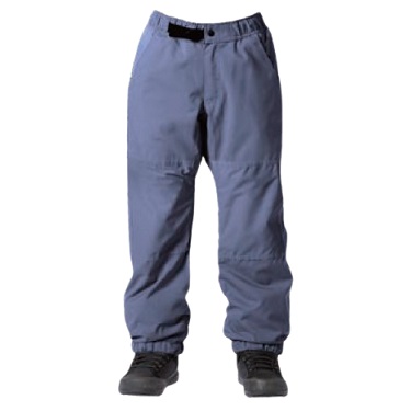 Blue outdoor pants with elastic waistband and cuffs, worn with black hiking boots.