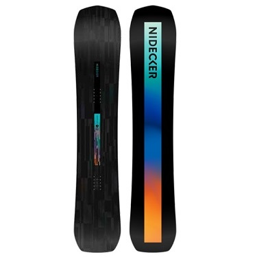 Two snowboards standing upright: the left board is black with a graphic central design, the right board features a blue-to-orange gradient stripe and the Nidecker logo.