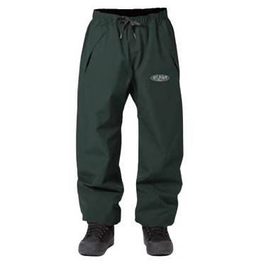 Dark green waterproof rain pants with a black drawstring waistband and logo on the left thigh, shown worn over boots.