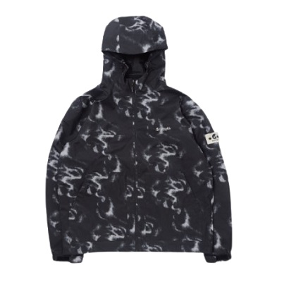 Dark camouflage-patterned hooded jacket with a front zipper and a patch on the left sleeve.