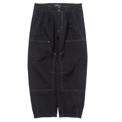 Black cargo-style pants with white contrast stitching and large front pockets