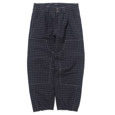 Pair of dark navy plaid cropped trousers with a button closure and belt loops laid flat.