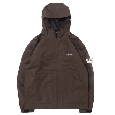 Brown hooded windbreaker jacket with zip front and two hand pockets, chest logo visible.