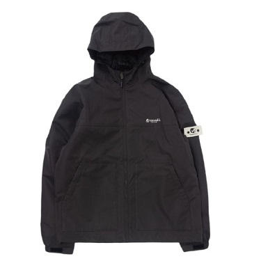 Black hooded jacket with a zip front, front pockets, and a small chest logo on a white background.