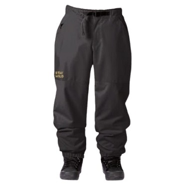 Dark gray jogger-style hiking pants with elastic cuffs and a small 'STAY WILD' logo on the left thigh, paired with black boots.