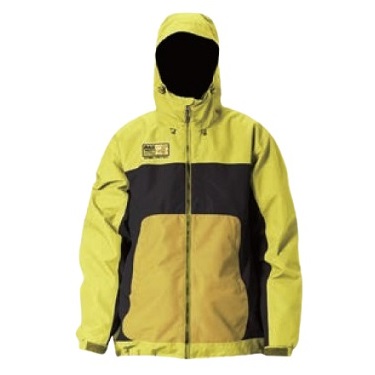 Yellow and black hooded windbreaker with a zip front and large front pockets.