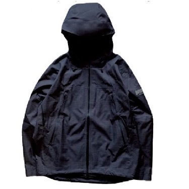 Front view of a dark hooded rain jacket with a full zipper and two pockets, sleeves slightly wrinkled.
