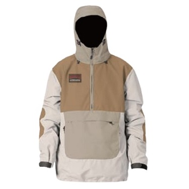 Color-blocked hooded windbreaker with tan, beige, and gray panels and a large front pocket.