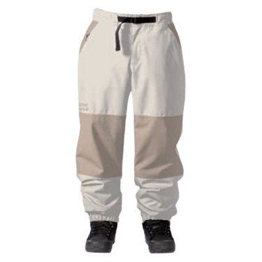 Color-block jogger pants in beige and gray with a black drawstring and elastic cuffs at the ankles.