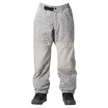 Gray leopard-print snow pants with reinforced knee panels and black boots.