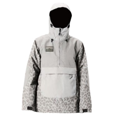 Light gray hooded jacket with leopard-print lower sleeves and hem, front chest zipper and a front pocket patch.