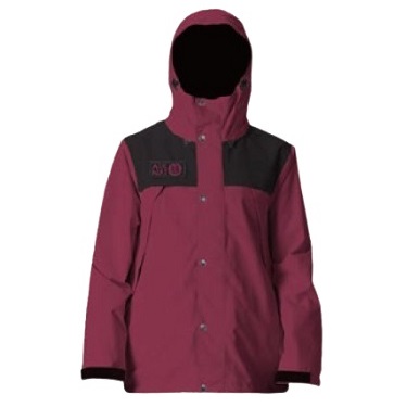 Maroon hooded jacket with black shoulder panels and front buttons, a waterproof outdoor coat design