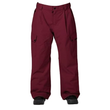 Front view of maroon outdoor pants with zippered cargo pockets and reinforced cuffs at the ankles