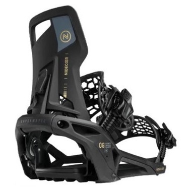 Black snowboard binding with a highback, ratchet straps, and lattice heel cup, brand Nidecker visible on the back.