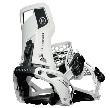 White and gray snowboard binding with straps and high-back, shown in side view