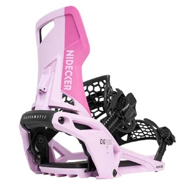 Pink and lavender snowboard binding with black ankle strap and highback, displayed on a white background.