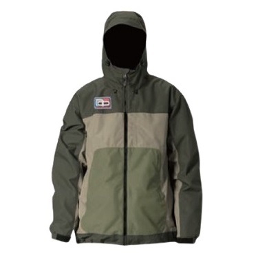 Hooded windbreaker with dark green, beige, and olive panels; front zipper and a patch on the left chest.