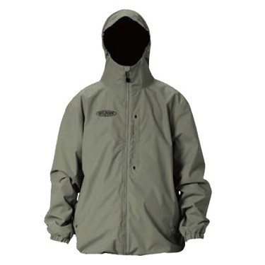 Olive-gray hooded windbreaker with front zipper, logo patch on left chest, and elastic cuffs on a white background.