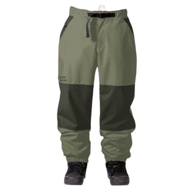 Two-tone olive-green outdoor pants with reinforced dark knee panels and drawstring waistband, shown with hiking boots for rugged use.