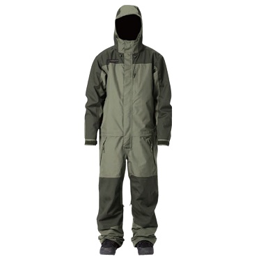 Person wearing a full-body green waterproof rain/dry suit with hood and boot covers, standing facing forward.