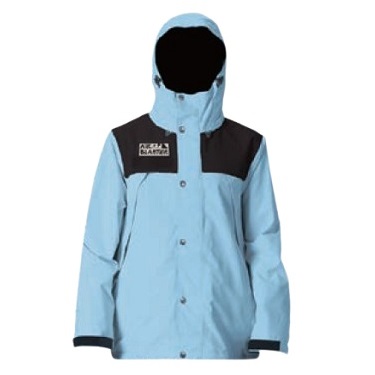 Light blue hooded rain jacket with black shoulder panels and front button closure, shown on a plain white background.