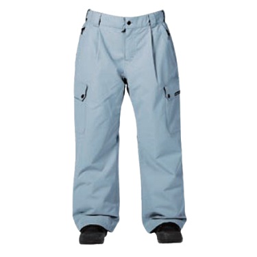 Light blue snow pants with cargo pockets and inner boot cuffs, designed for winter outdoor wear.