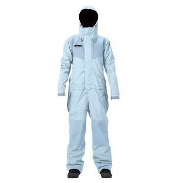 Light blue full-body protective suit with hood and boot covers on a mannequin.
