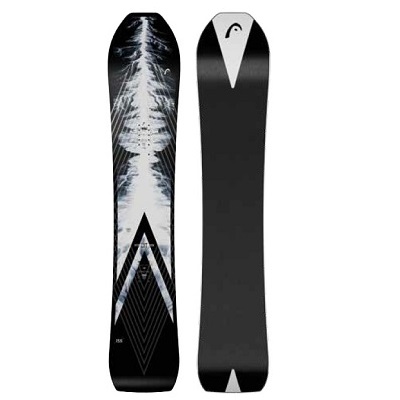 Pair of skis standing upright; the front ski has a white tree motif on black with geometric accents, the rear ski is solid black with a gray tip.
