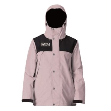 Light pink rain jacket with black shoulder panels and hood; front button closure.