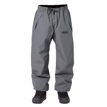 Gray waterproof rain pants with elastic waistband and cuffs, shown with hiking boots, suitable for outdoor wear.